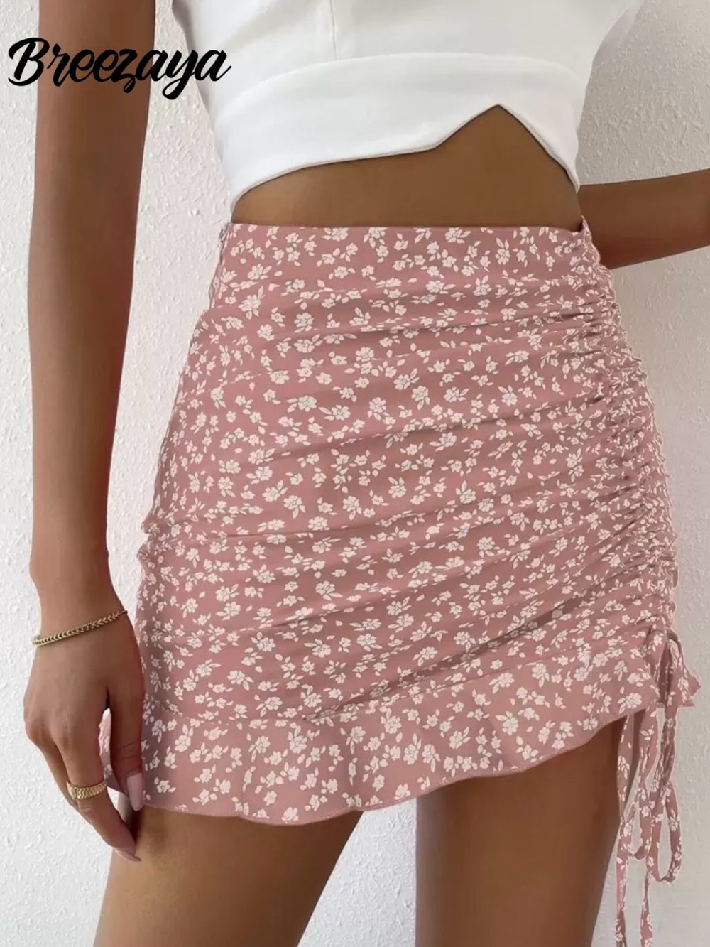 SHEIN Dusty Pink Floral Ruched Tie-Side Mini Skirt